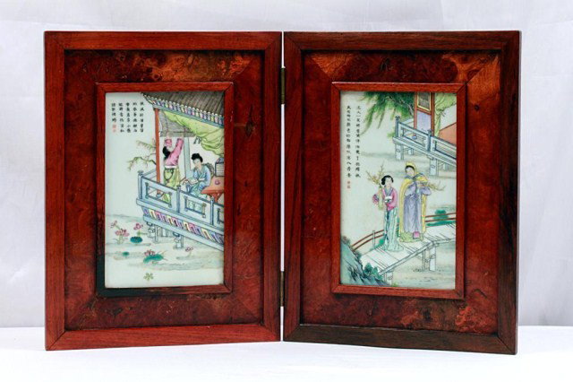 ANTIQUE ENAMELED CHINESE PLAQUES TABLE SCREEN: H: 8 3/8" x L: 5 1/2" (plaque), one plaque depicting of a lady reading a book, and an assistant by a veranda, while the other depicts of two ladies holding sprays of flowers against a background of wi