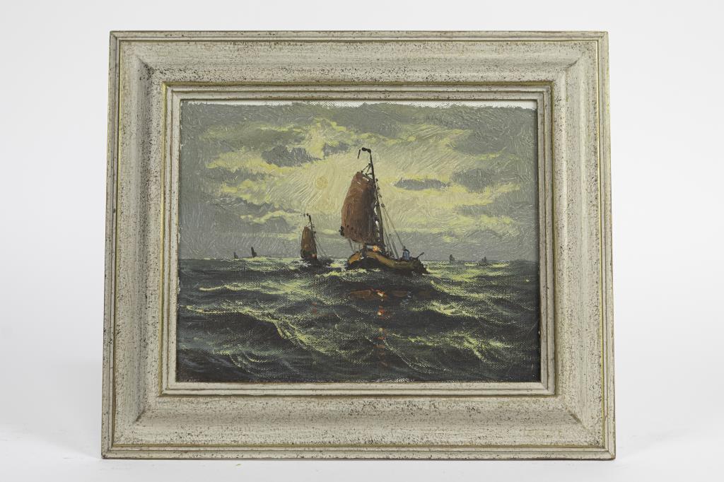 OIL ON BOARD PAINTING OF SAILING BOATS: Framed. An oil on board painting that depicts boats sailing in a roaring ocean. With Frame: L: 13 1/2 in. H: 12 in.Without Frame: L: 9 1/2 in. H: 7 1/2 in.