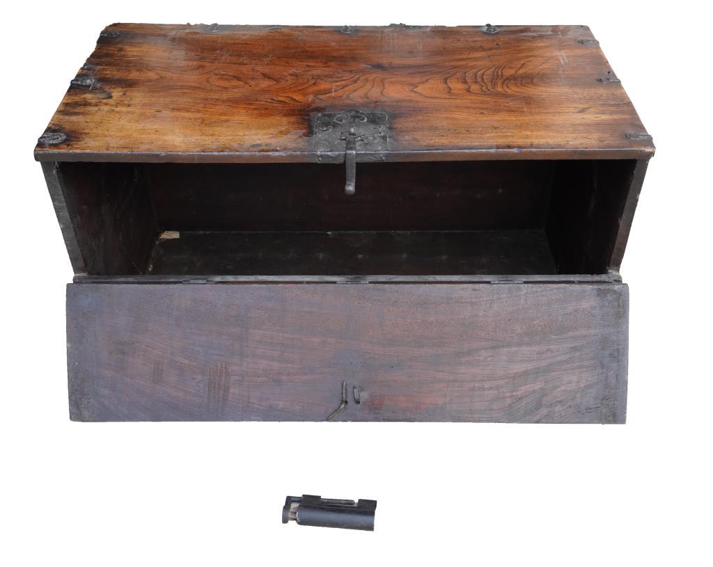 ANTIQUE CHINESE HARDWOOD CHEST: With a hinged cover. H: 19 3/4 in. L: 31 3/4 in. W: 1601/4 in.