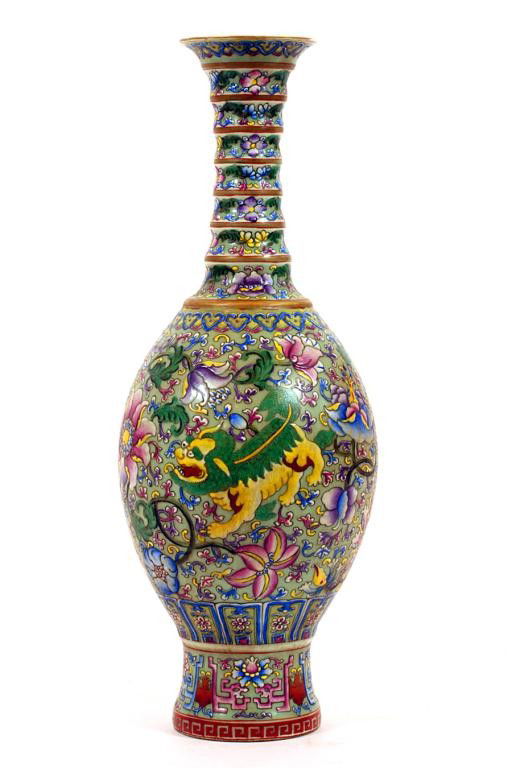ELABORATE CHINESE FAMILLE ROSE BOTTLENECK VASE: H: 13 " enameled painting of foo dogs chasing a lotus flower amid scrolling flowers and tendrils between bands of ruyi heads and lappet, with stacking ring neck, Qianlong seal mark on base