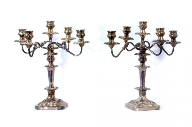 PAIR OF ENGLISH SILVER-PLATED CANDELABRA: H: 17 3/8", each with five scrolling branches on a waisted square base
