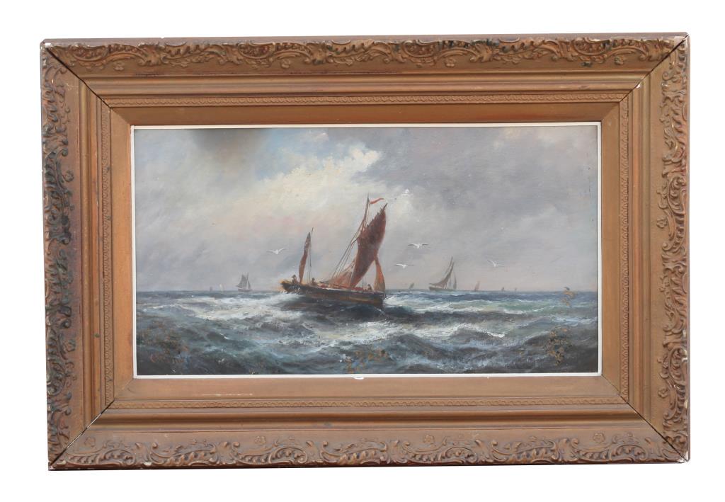 FRAMED OIL PAINTING OF SAILING SHIPS: Giltwood framed. Depicts ships sailing in an ocean with roaring waves. Signature is illegible. H: 10 in. x W: 18 in.