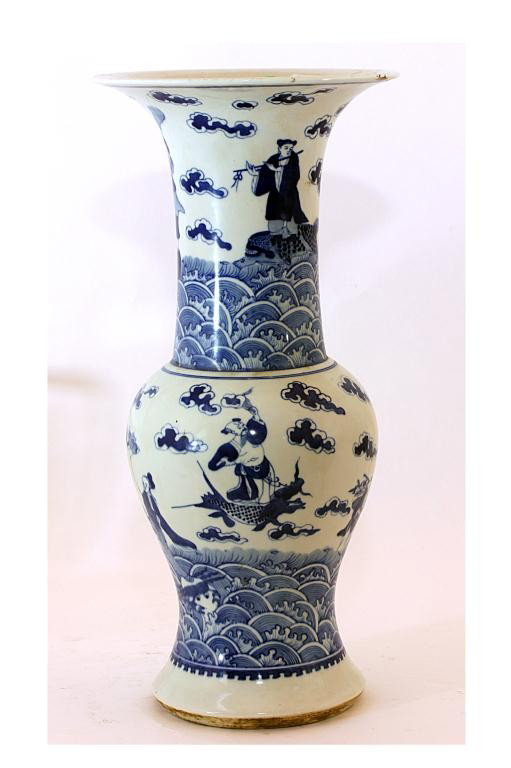 CHINESE BLUE AND WHITE YANYAN VASE: H: 17 1/2'" (44.5cm), of beaker vase form having a bulbous mid section and flared base, depicting of immortals riding on crashing crescent waves amid clouds, four-character mark on the base.
