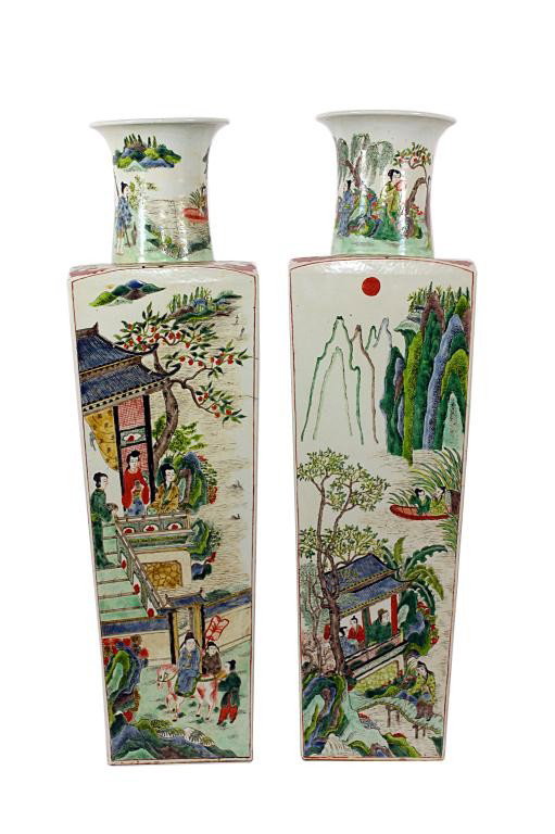 PAIR OF LARGE CHINESE FAMILLE VERTE SQUARE VASES: H: 25 3/4" (65cm), brilliantly painted with village people some in boats and some looking on amid a waterfalls and mountainous landscapes highlighted with a red moon, Kangxi character mark on the base