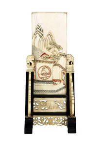 CHINESE CARVED TWO-SIDED BONE PANEL: H: 8 3/4 in. (22cm), mounted on wood and carved in relief; on one side represented with figural scene in a courtyard against mountainous landscape, on the reverse side a calligraphy in round panel abo