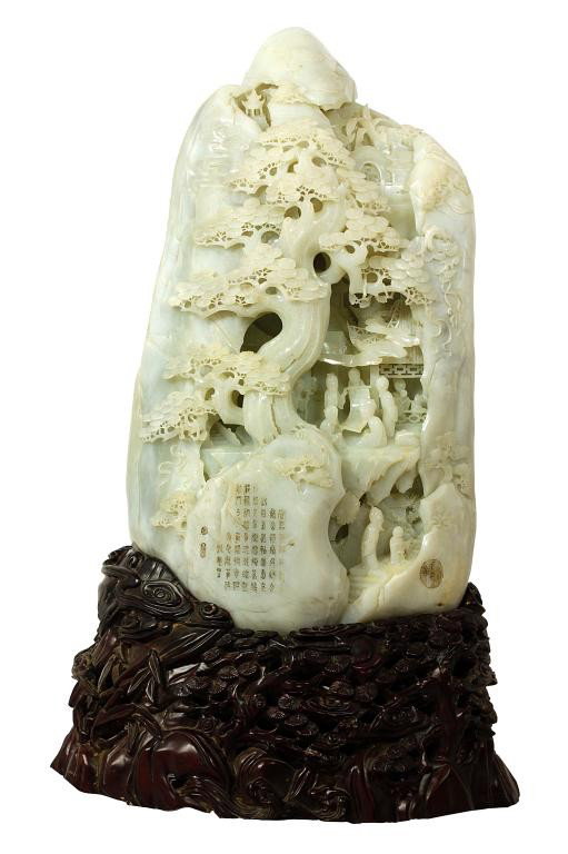 MAGNIFICENT JADE BOULDER ON CARVED STAND - 2