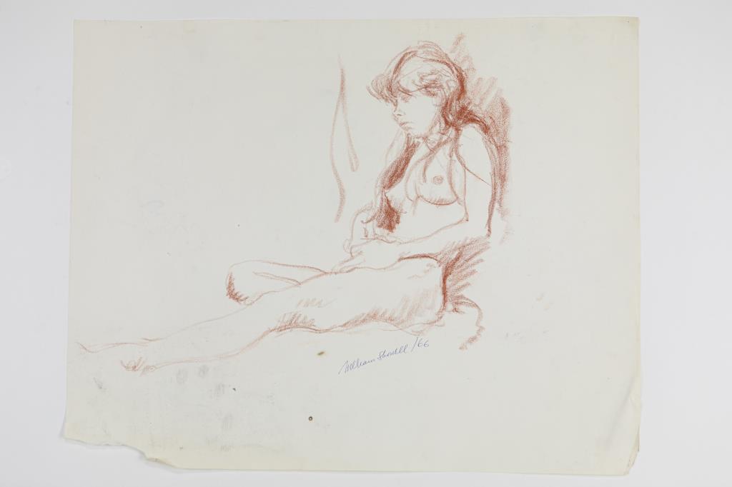 WILLIAM SHOWELL, CANADIAN (1903 - 1984): A sketch of a naked lady. Signed on lower right to read William Showell. William Showell (1903 - 1984) was a Canadian painter, known for landscape, portrait and nude paintings. L: 25 in. H: 20 in.