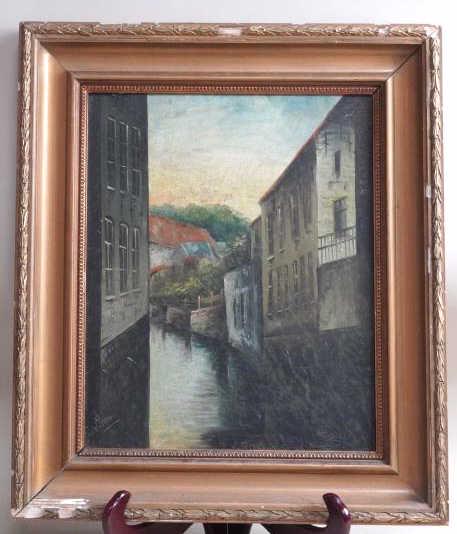 OIL ON BOARD PAINTING OF A CANAL CITY SCENE (1 of 3)