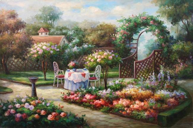 OIL PAINTING ON CANVAS OF A LUXE GARDEN: A beautiful oil on canvas painting that depicts a luxe garden of a lovely house backyard, with some cute chairs and a table are prepared for an afternoon tea. Unsigned.H: 24 in. L: 36 in.