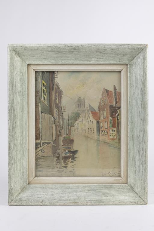FRAMED WATERCOLOR PAINTING OF A CANAL CITY: Framed. A magnificent watercolor painting of canal in Belgium. Signed on bottom right which is illegible.H: 11 1/2 in. L: 9 1/2 in.