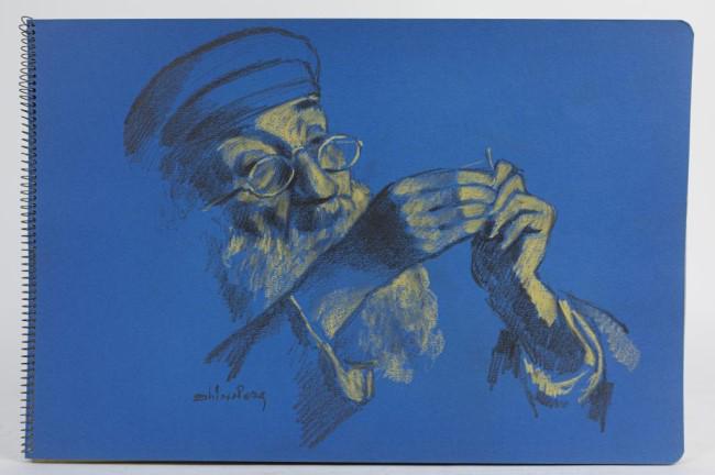 DRAWING OF AN OLD MAN BY SHLOSSBERG: A drawing on paper of an old man threading a needle. Signed on lower left to read Shlossberg.L: 18 1/2 in. H: 12 in.