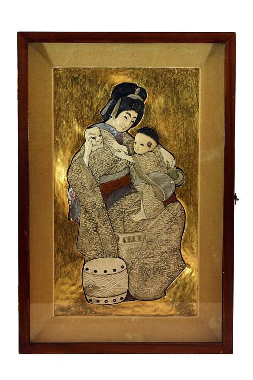 JAPANESE IVORY AND LACQUER PLAQUE IN CASE: L: 19 1/4 in. (49cm) x W: 13 in. (33cm), 19th century; a rendition of mother in an elaborate floral robe carrying a child reaching for a mask. Property belonging to Warren Imports.