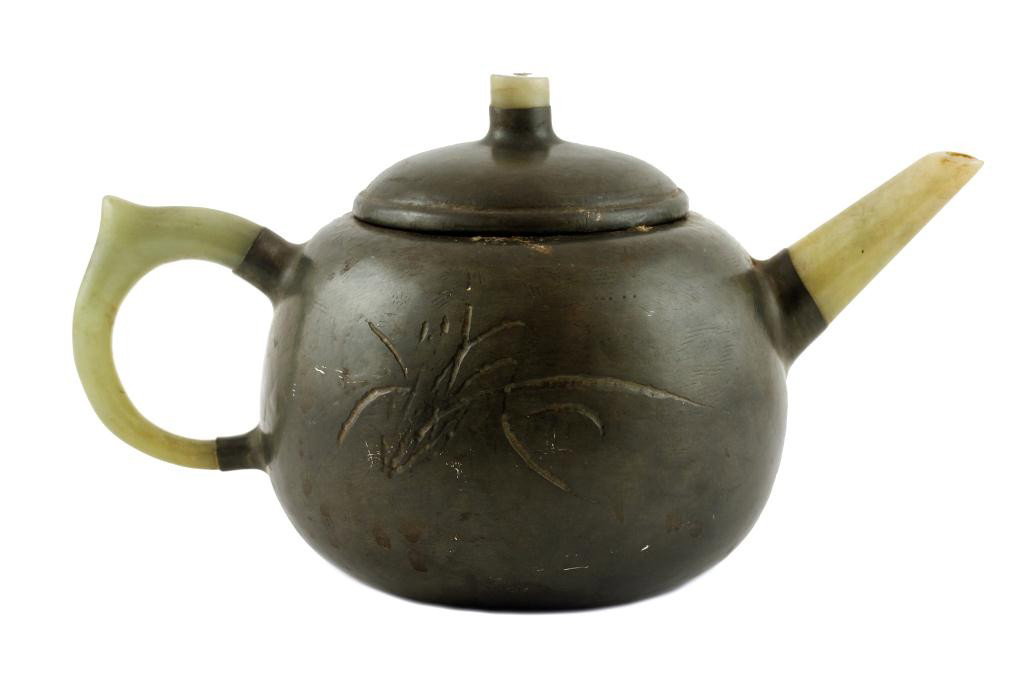 UNUSUAL CHINESE ANTIQUE CLAY AND JADE TEAPOT: H: 3 1/4 in. (8.2cm) x L: 6 7/8 in. (18cm), of bulbous body with calligraphy and floral etching, its spout, handle and finial made of celadon jade