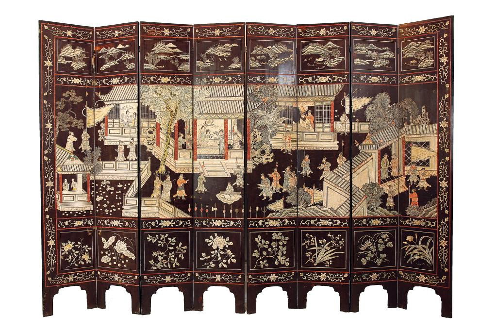 ANTIQUE CHINESE CARVED WOODEN EIGHT PANEL SCREEN: W: 15 1/2 in.(39.5cm) each panel x H: 84 in. (213.5cm), Late 19th century; with elaborate rendering of the imperial palace, the courtyard, and the various activities within the grounds performed by th