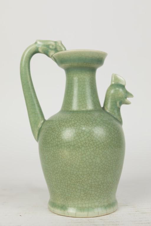 CHINESE CELADON CRACKLEWARE EWER: Flanked by a high handle, and a spout modeled as a rooster head. H: 8 in.