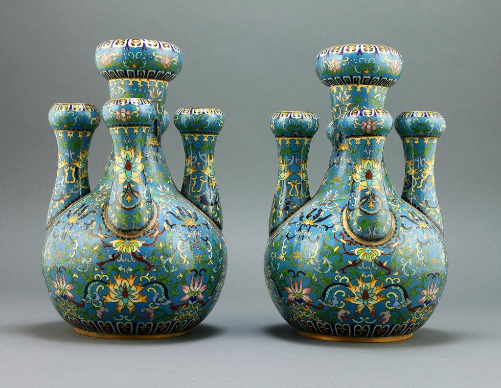 PAIR OF CHINESE FIVE SPOUTED CLOISSONE VASES: H: 12 in. (30 cm), of globular form, rising to a slender neck with compressed globular rims, enameled all over with leafy scrolling lotus blooms against the bright turquoise ground, incised framed cha