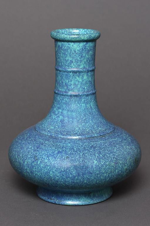 CHINESE 'ROBIN-EGG' BLUE BOTTLE NECK VASE: H: 7 3/4 in. (19.7cm), the body of compressed globular form, with raised horizontal string bands around the neck and the shoulder, with a cupped rim, the base bearing an impressed six character mark,