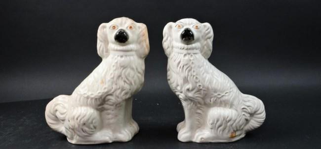 ANTIQUE PAIR OF ENGLISH FIGURAL DOGS: H: 10 3/4 in.