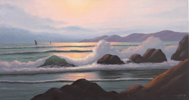 FRANCOIS (CARBUCCIA) CARBU, FRENCH (1896 - UNKNOWN): Oil on canvas painting depicts a beautiful seashore scene with waves crashing on the beach. Signature to on bottom right to read Carbu.Francois (Carbuccia) Carbu, was a French artist who was known for