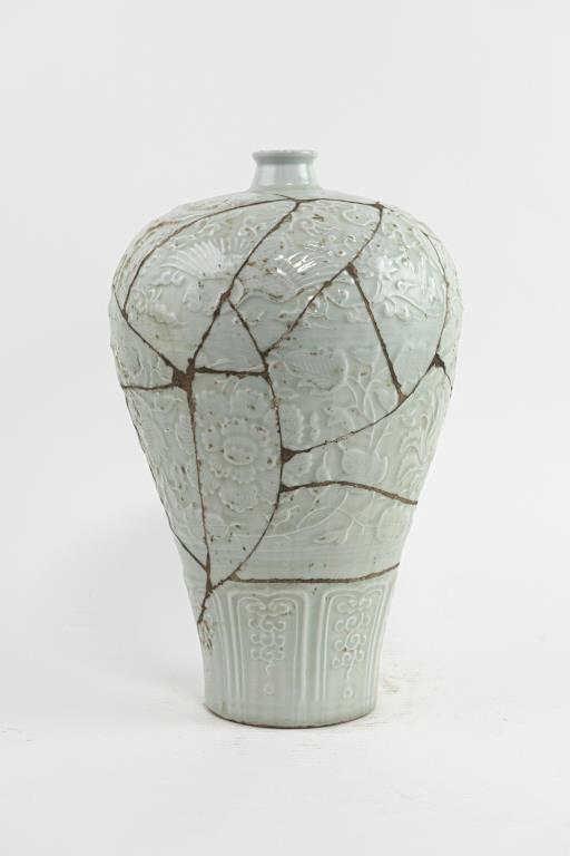 CHINESE KINTSUGI REPAIRED CELADON MEIPING VASE: Stamped mark on the bottom. H: 16 1/2 in.