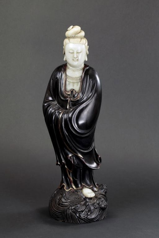 CHINESE CARVED ZITAN AND SOAPSTONE GUANYIN FIGURE: H: 19 1/2 in.(49.5cm)