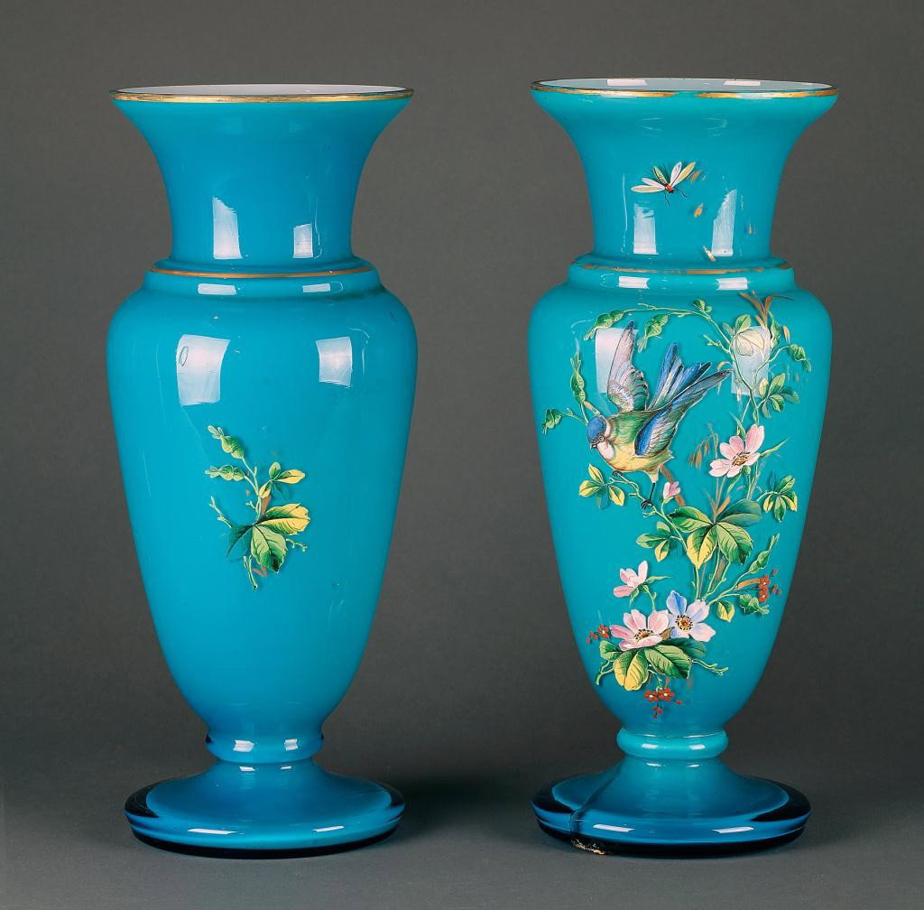 PAIR OF OPALINE GLASS TURQUOISE GROUND VASES: H: 14 1/2 in. (36.5cm)