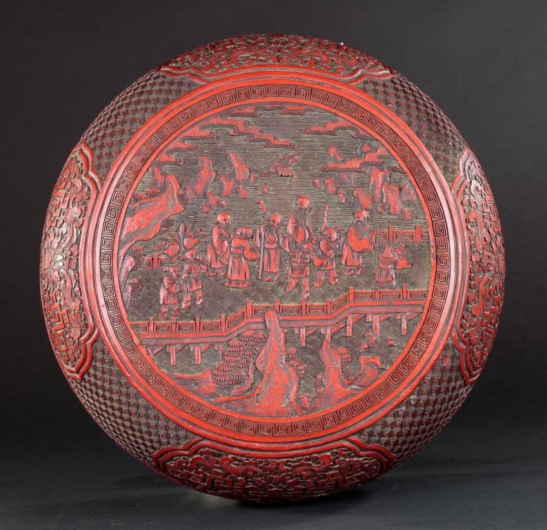 ANTIQUE CHINESE LARGE ROUND CINNABAR LACQUERED BOX: Diameter: 11 3/4 in. (30cm) x H: 6 1/2 in. (16.5cm)