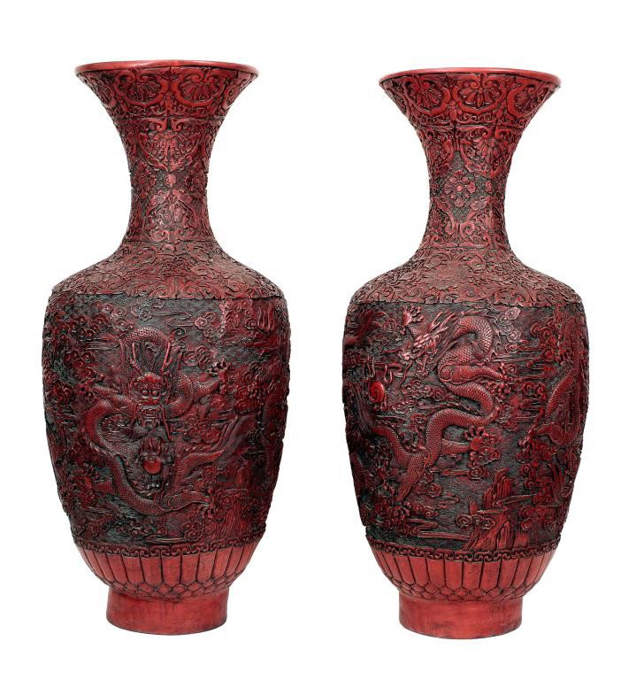 PAIR OF LARGE CHINESE CINNABAR LACQUERED VASES: Diameter: 12 3/4 in. (32.5cm), H: 38 5/8 in. (98.1cm)