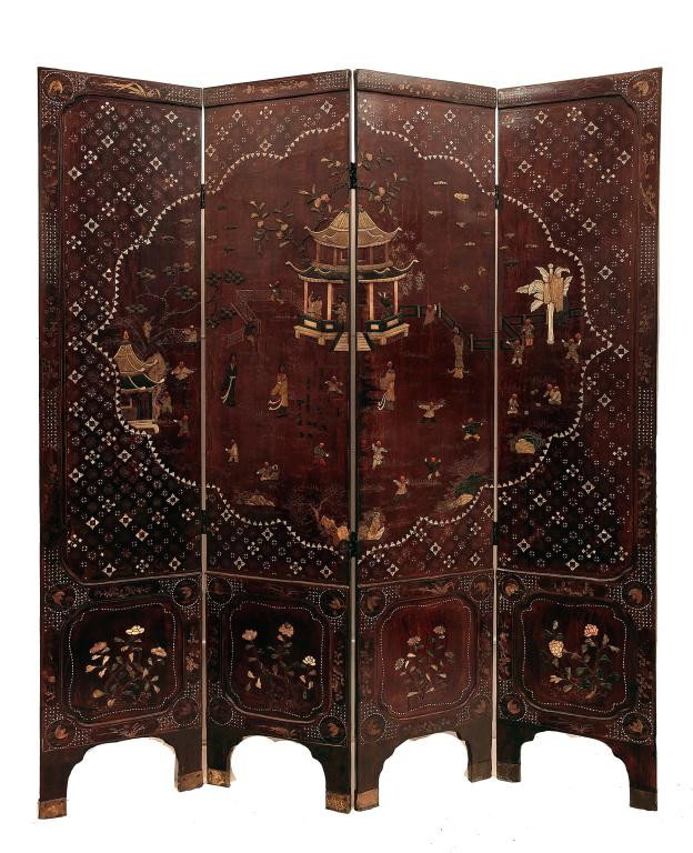 ANTIQUE CHINESE FOUR PANEL SOAPSTONE INLAID SCREEN: with mother-of-pearl. L: 64 in.(162.5cm) x H: 72 in.(183cm)