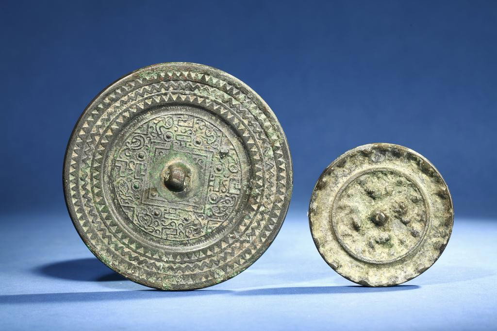 TWO ANTIQUE BRONZE MIRRORS: possibly from Han and Tang dynasties, Diameter: 4 3/8 in.(11cm)