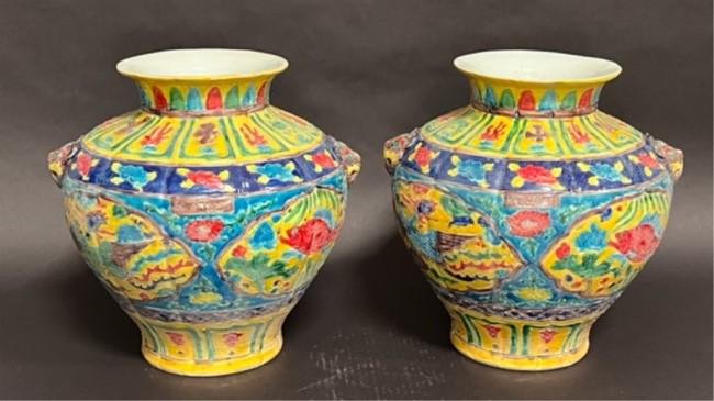 PAIR OF CHINESE MULTICOLOR POTTERY JARS (1 of 6)