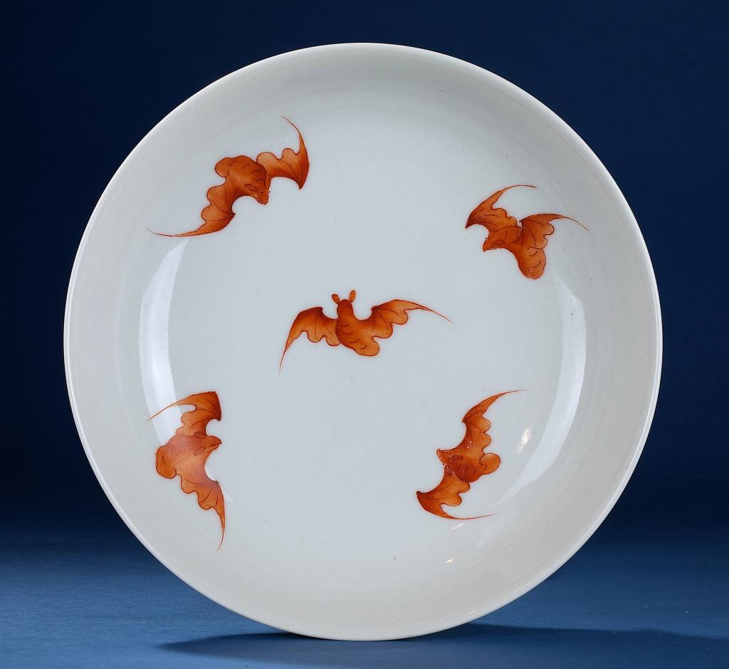 CHINESE FAMILLE ROSE SHALLOW DISH: Hand painted with image of spring flowers in the exterior and five bats in the interior. Diameter: 6 3/4 in.(17cm) x H: 1 5/8 in.(4cm)