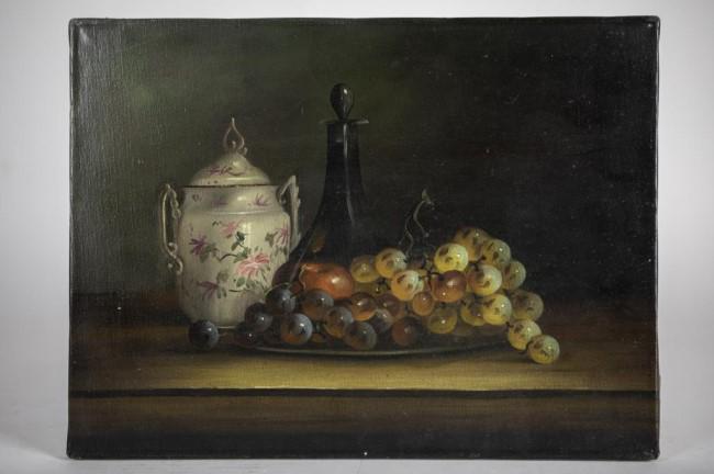OIL ON CANVAS PAINTING OF STILL LIFE: An oil painting that depicts grapes, a porcelain tea caddy and a glass decanter. Unsigned.