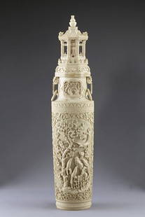 MAGNIFICENT ANTIQUE CHINESE CARVED IVORY VASE: H: 21 3/4 in. (55cm)