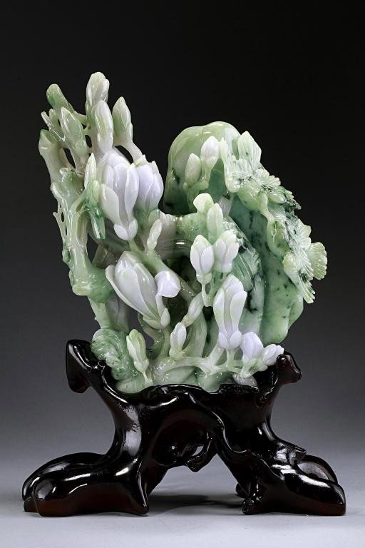CHINESE HAND-CARVED LIGHT GREEN AND WHITE JADE: Of a flower tree on rockery with two birds kissing on hand-carved original rosewood stand. By artist (Yang Zhou).H: 7 1/2 in.(19cm)