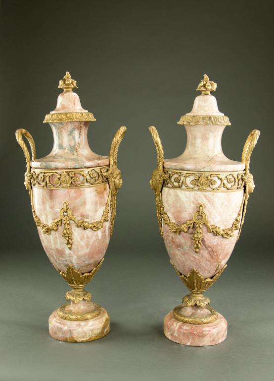 PAIR OF PINK MARBLE LIDDED URNS (1 of 3)