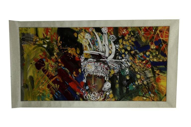 CHINESE SCROLL PAINTING SIGNED SHI QI (1939- ): A modern painting of a Miao Tribe girl with a splendid head piece, against a bright and festive background. L: 63 1/4 in.(160.5cm) x W: 32 in.(81cm)