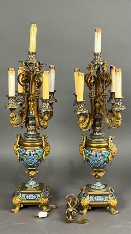 PAIR OF 19TH C. CHAMPLEVE ENAMELED CANDELABRA (1 of 8)