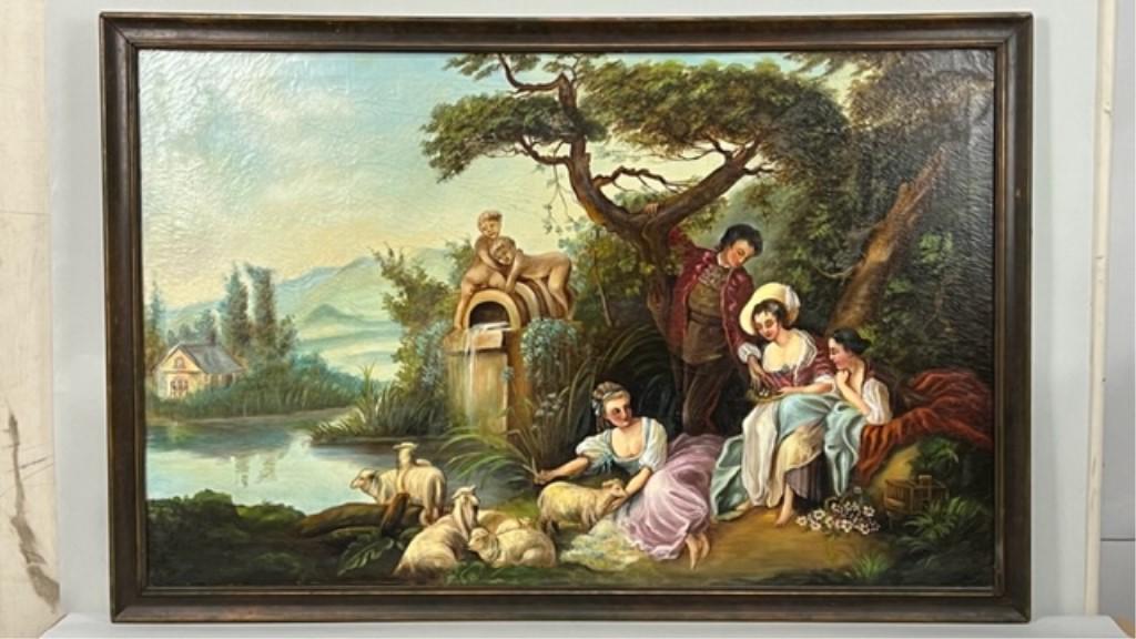 OIL PAINTING ON CANVAS, THE SHEPHERD'S GIFT: Or The Nest, inspired by the artist Francois Boucher. H: 28 in. L: 44 in.