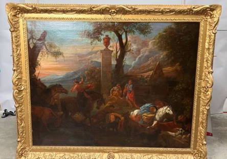 FRAMED OIL PAINTING ON CANVAS, OF JACOB'S JOURNEY: Painting rendition of Jacob's Journey and the Pillar of Bethel, of original artist Sebastien Bourdon, a 17th Century French Painter. H: 37 in. L: 46 in. ( With frame H: 44 in. L: 53 in.)