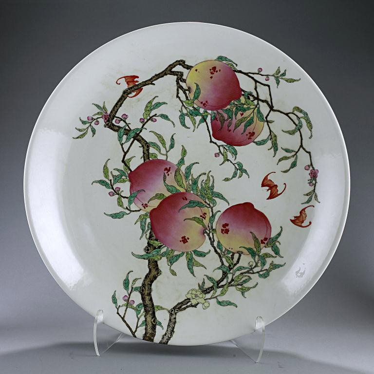 MASSIVE CHINESE FAMILLE ROSE 'PEACH' CHARGER: Beautifully enameled with nine peaches on branches, and with five bats lurking around the tree; symbolizing auspicious wishes of good luck and longevity to come to the owner or recipient. Squared four