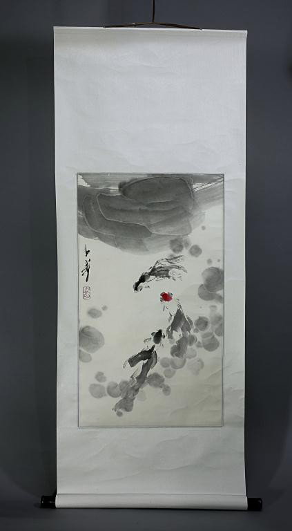 CHINESE SCROLL PAINTING BY WANG ZIWU: Wang Ziwu (1936-). He is a modern Chinese painter and good at drawing portrait and bird-flower painting. His painting book was published by Rongbaozhai in China. H: 51 in. (130cm) x W: 20 1/4 in. (81.