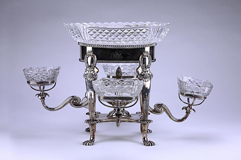 OLD SHEFFIELD PLATED EPERGNE WITH CUT GLASS BOWLS: 19th Century, four-branched centerpiece. L: 18 1/2 in.(47cm) x H: 8 7/8 in.(22.5cm)