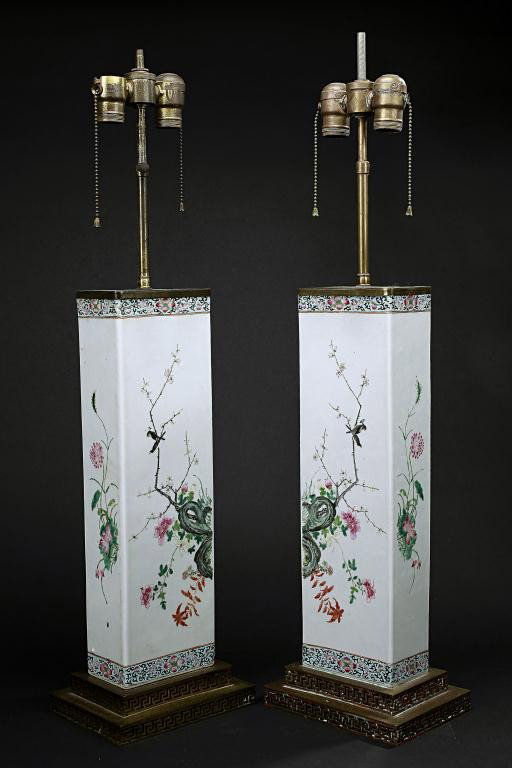 PAIR OF ANTIQUE CHINESE FAMILLE ROSE SQUARE VASES: Mounted as lamps. H: 19 1/2 in. (49.5cm)