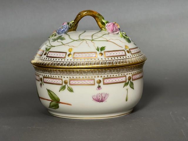 ROYAL COPENHAGEN DENMARK FLORA DANICA SMALL TUREEN: Marks on the bowl's base, with inscription that reads 'Epilobium montanum L.' And mark and inscription of botanical specimen inside the cover that reads 'Anemone Vahlii Horn.' Marks are of green crown