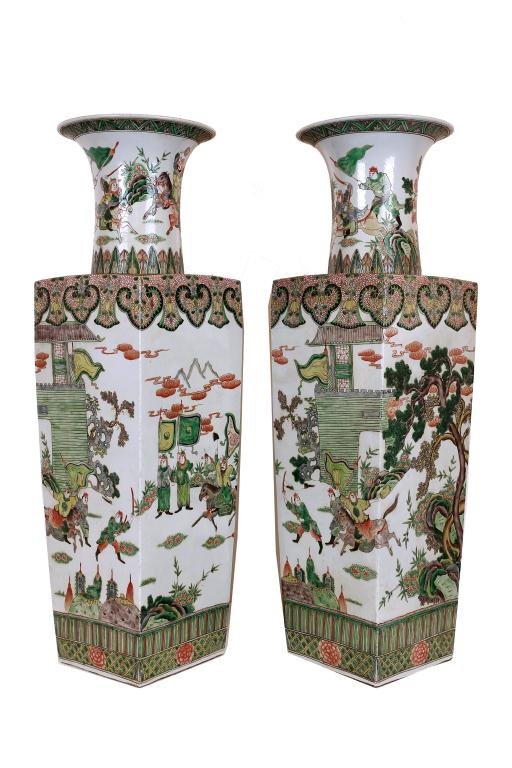 PAIR OF MONUMENTAL CHINESE FAMILLE VERTE VASES: Beautifully painted with panels depicting generals and battle scenes, within floral and geometric boarders. H: 31 5/8 in.(80.5cm)