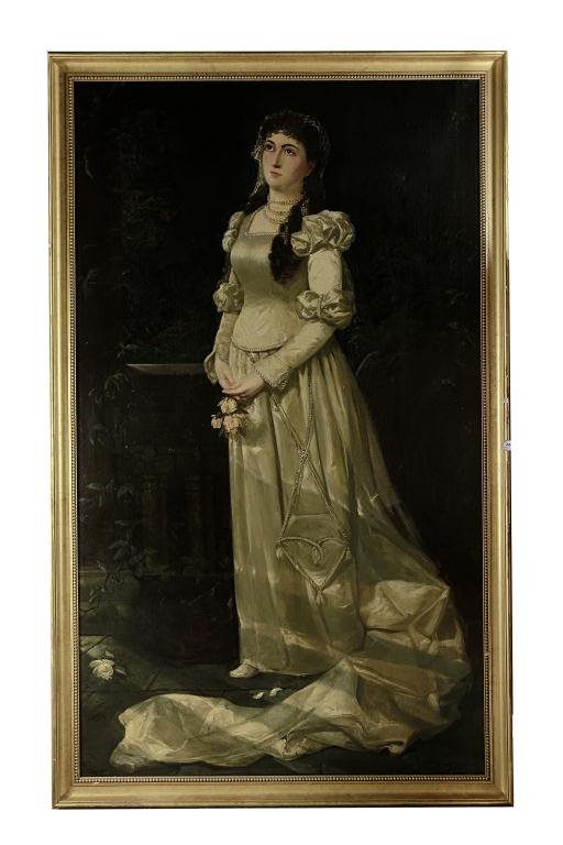 OIL PAINTING ON CANVAS BY AUGUST M. FRIEDLANDER: of a young bride, signed in the lower right corner. H: 79 1/2 in.(202cm) x W: 45 3/8in.(115cm)