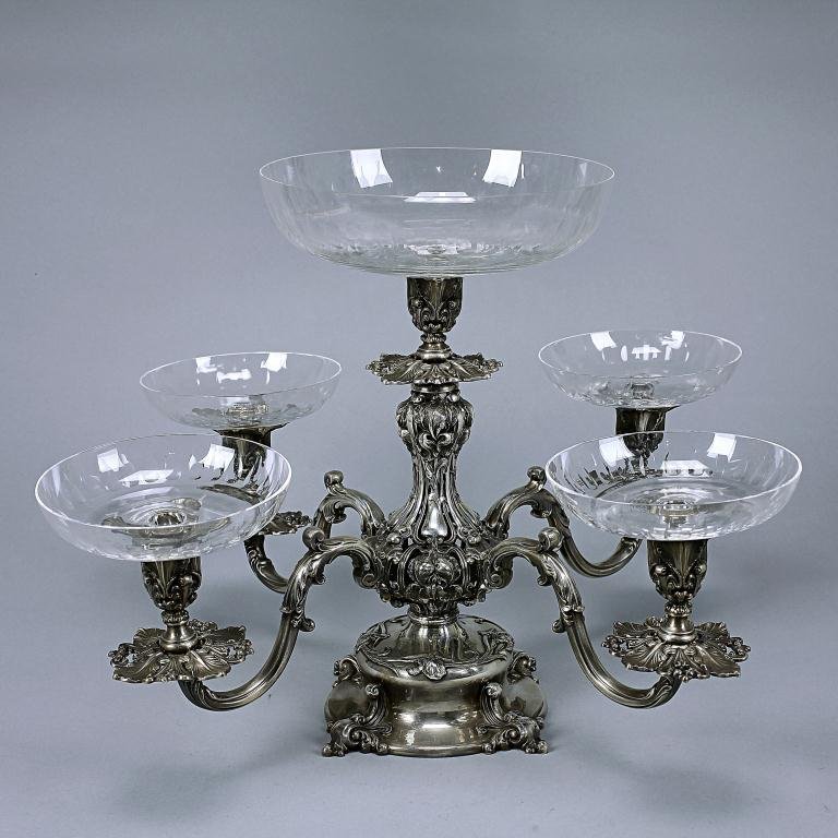 SILVERED CENTERPIECE WITH CUT GLASS: H: 12 1/8 in.(31cm)