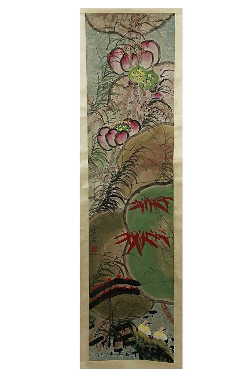 CHINESE SCROLL PAINTING BY XU GU: Xu Gu (1824-1896), was a painter and poet during the Qing Dynasty. He was an army official, and then became a monk. This painting depicts water birds and lotus. L: 79 1/8 in.(201cm) x W: 16 1/8 in.(41