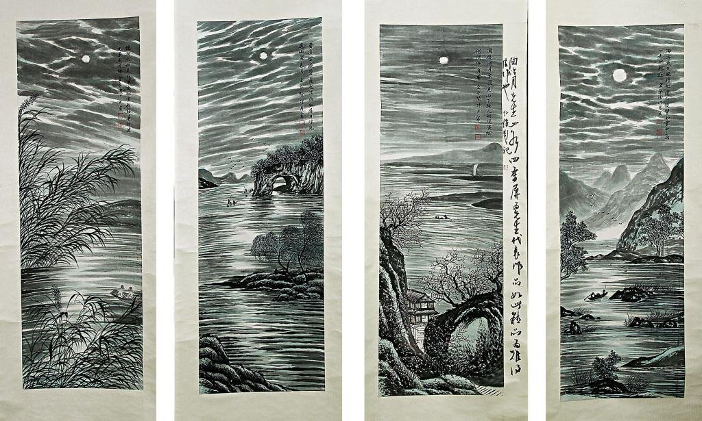 CHINESE SCROLL PAINTING SIGNED TAO LENG YUE: Set of four. L: 77 in.(195.5cm) x W: 19 in.(48cm)